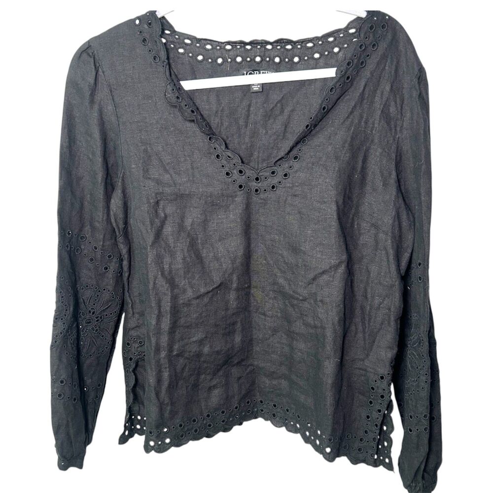 J.Crew black long-sleeve 100% linen top with eyelet neckline boho XS